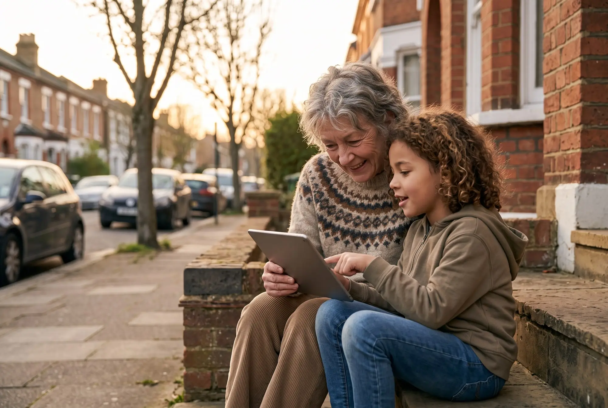 A grandmother and her grandchild sit together on a front step at dusk, sharing a tablet and smiling at something on the screen.